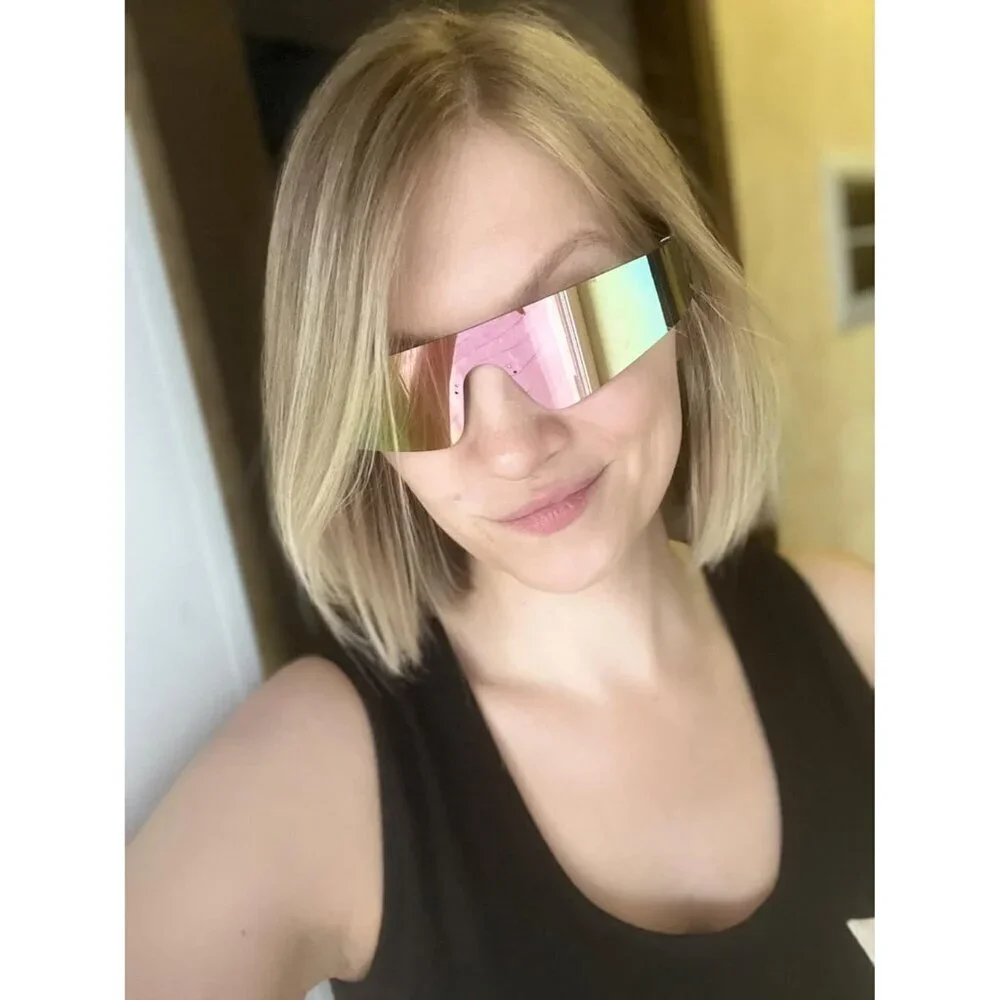 Futuristic Rimless Sunglasses Pink Mirrored UV400 Miorred Shades Women Men